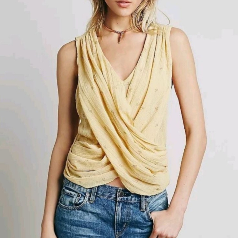 Rare- Free People Textured Boho V-Neck Sleeveless Drape Surplice Top